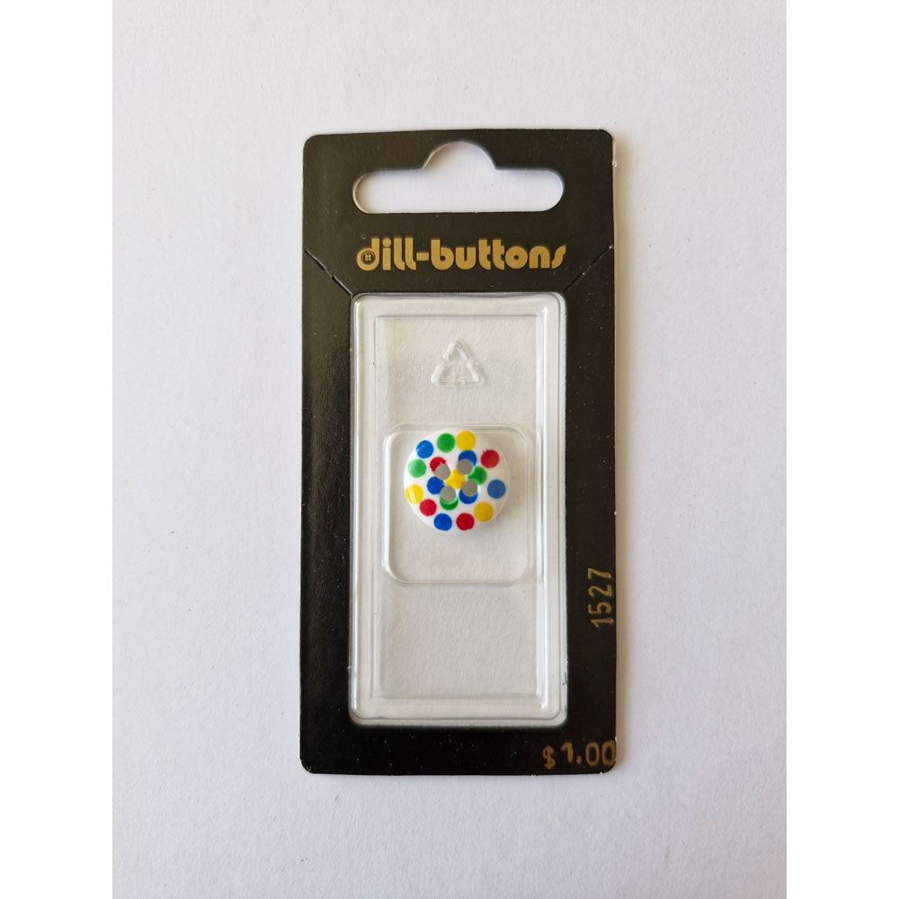 Button - 1527 - 15 mm - White - Red, Yellow, Green and Blue dots - by Dill Buttons of America