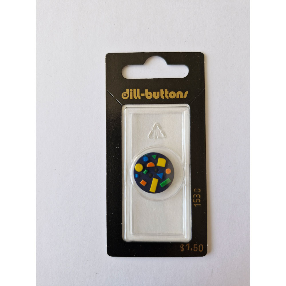 Button - 1530 - 18 mm - Blue - Orange, Yellow, Green and Blue shapes - by Dill Buttons of America