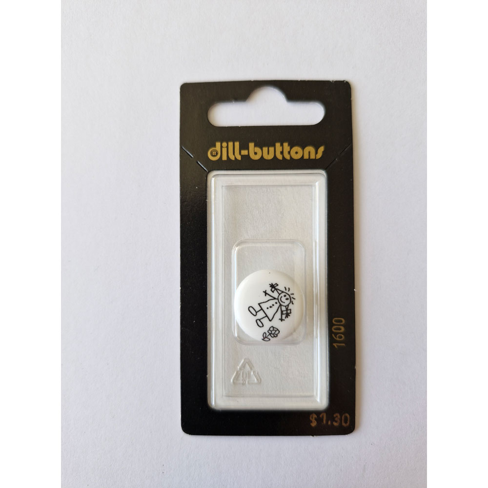 Button - 1600 - 18 mm - White - Black Stick Person - by Dill Buttons of America