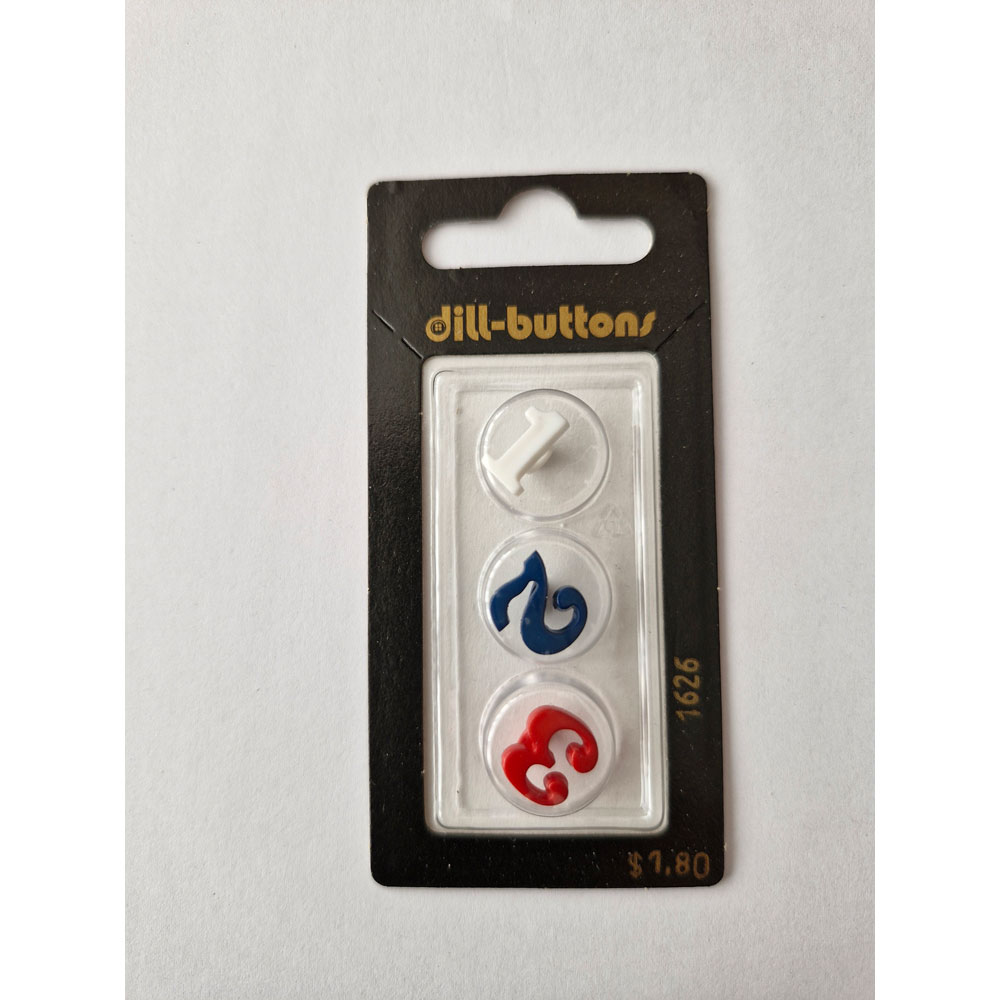 Button - 1626 - 11 mm - Red, Blue, White - 1,2,3 - by Dill Buttons of America