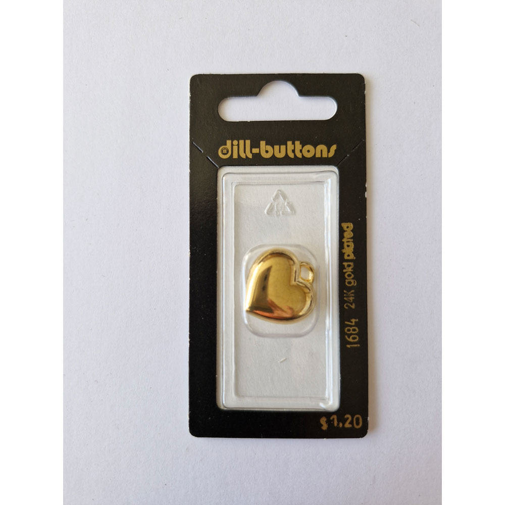 Button - 1684 - 20 mm - Gold Heart - 24K Gold Plated - by Dill Buttons of America