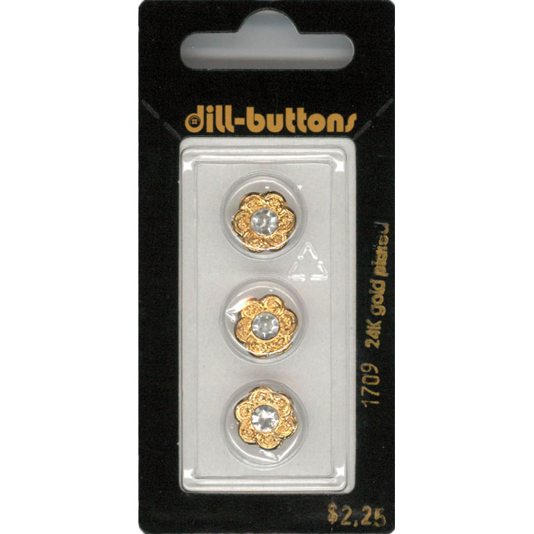 Button - 1709 - 11 mm - Gold Flower with rhinestone - 24K Gold Plated - by Dill Buttons of America