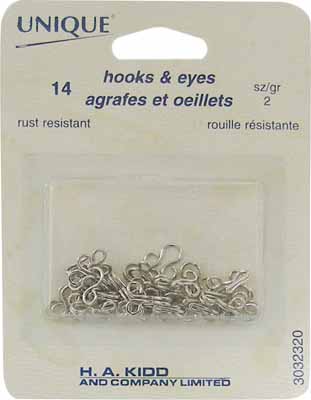 Notions - Hooks & Eyes - Size 2 - Silver - 14 sets - Unique