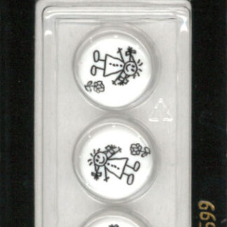 Button - 1599 - 15 mm - White - Black Stick Person - by Dill But