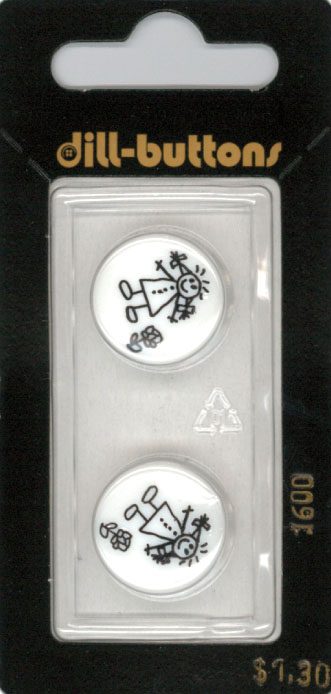 Button - 1600 - 18 mm - White - Black Stick Person - by Dill But