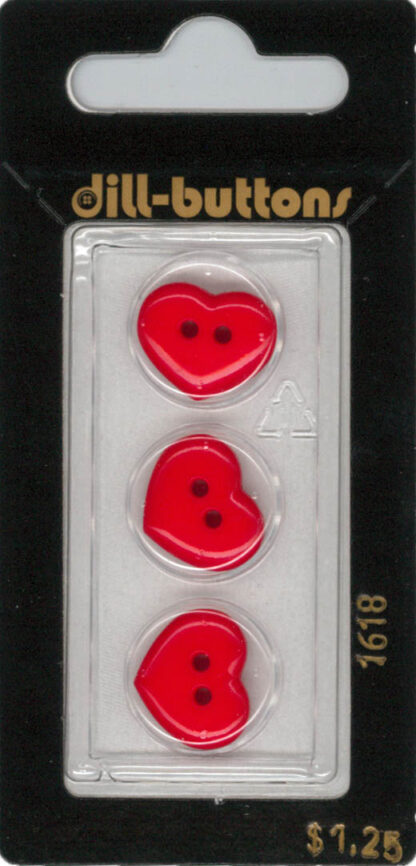 Button - 1618 - 15 mm - Red - Hearts - by Dill Buttons of Americ