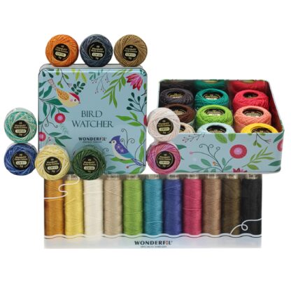 WonderFil - BOM 2024 - Thread Kit - 2 Tins with 18 Eleganza Balls and 11 Spool Ellana Wool Thread Pack