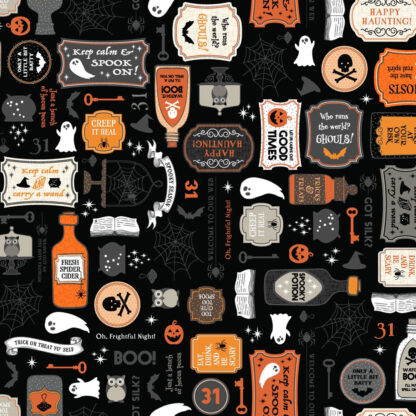 100% Cotton Fabric - Pumkins and Potions - MAS10570-E - Black - Kimberbell