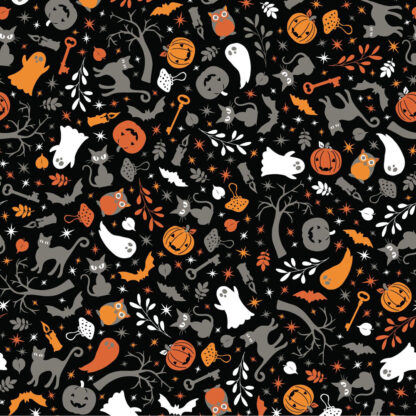 100% Cotton Fabric - Pumkins and Potions - MAS10571-J - Black - Kimberbell - Cats and Ghosts