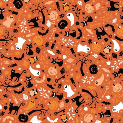 100% Cotton Fabric - Pumkins and Potions - MAS10571-O - Orange - Kimberbell - Cats and Ghosts