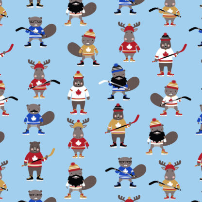 100% Cotton Fabric - Under the Northern Lights - 22577-004 - Blue - Robert Kaufman - Critters Playing Hockey