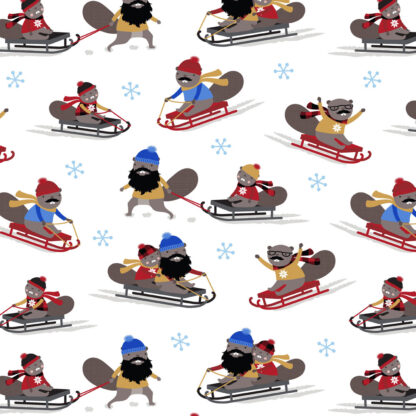 100% Cotton Fabric - Under the Northern Lights - 22582-001 - White - Robert Kaufman - Critters Sledding