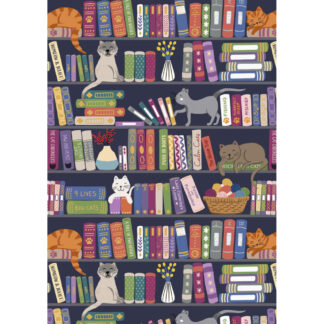 100% Cotton - The Purrfect Book Club - A961A - Book Shelves and Cats Multi - by Lewis and Irene