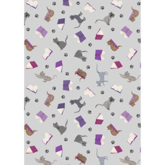 100% Cotton - The Purrfect Book Club - A965B - Scattered Cats and Books on Greys - by Lewis and Irene