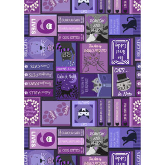 100% Cotton - The Purrfect Book Club - A966B - Cat Book Covers Purple - by Lewis and Irene