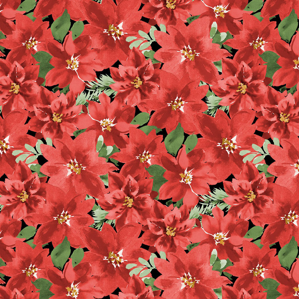 100% Cotton - Cardinal Celebration - 37754-937 - Black Packed Poinsettias - Katrina Pete - 44 in wide