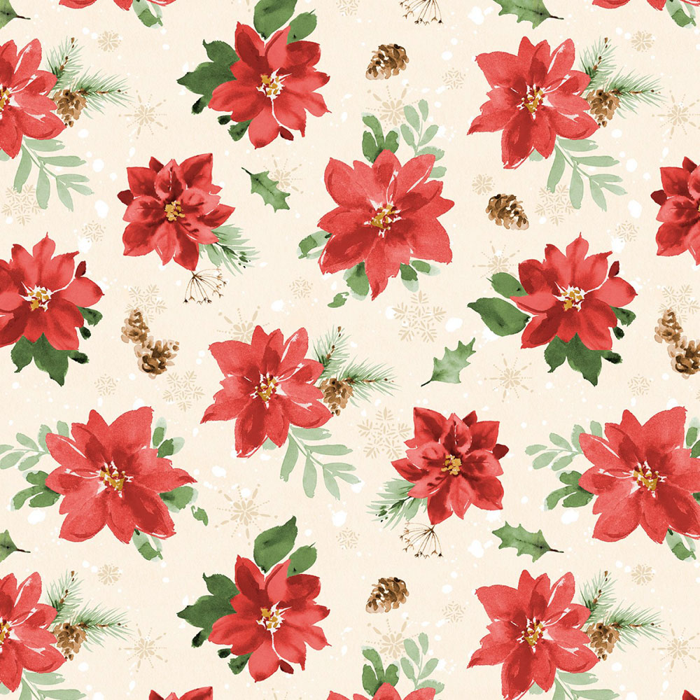 100% Cotton - Cardinal Celebration - 37756-237 - Cream Tossed Poinsettias - Katrina Pete - 44 in wide