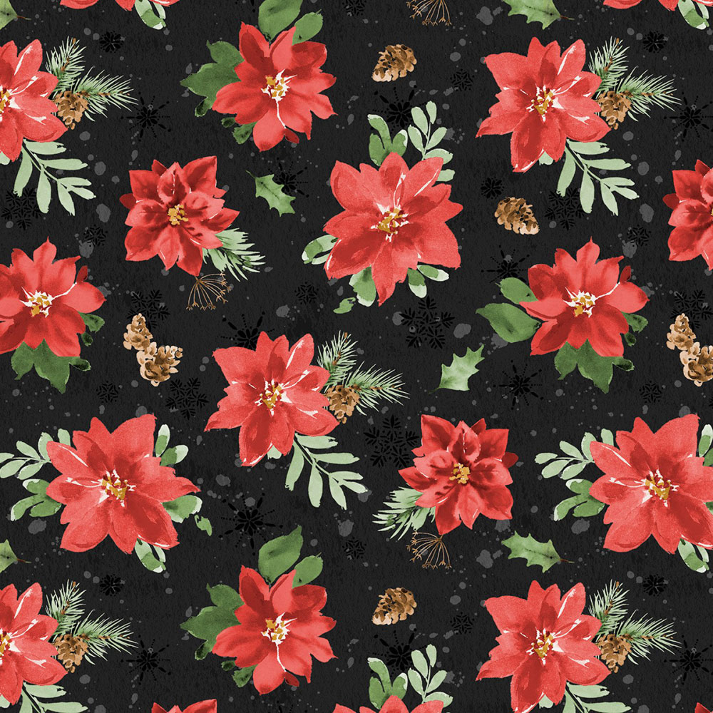 100% Cotton - Cardinal Celebration - 37756-937 - Black Tossed Poinsettias - Katrina Pete - 44 in wide