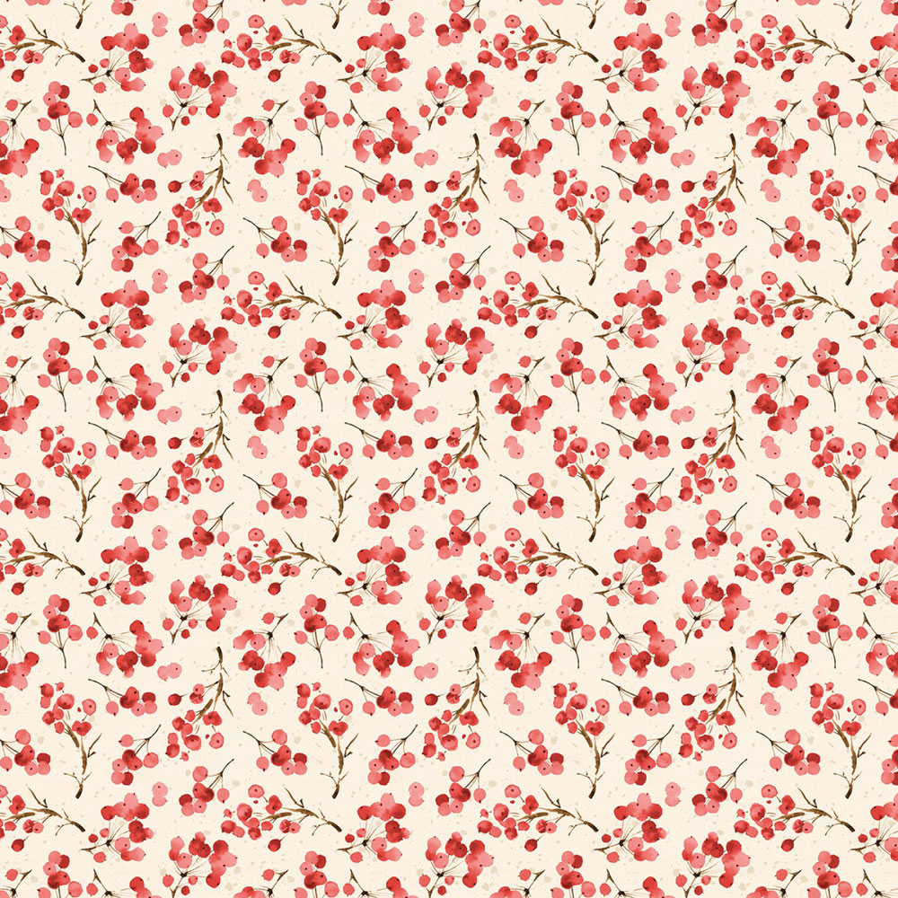 100% Cotton - Cardinal Celebration - 37757-232 - Cream Berries - Katrina Pete - 44 in wide