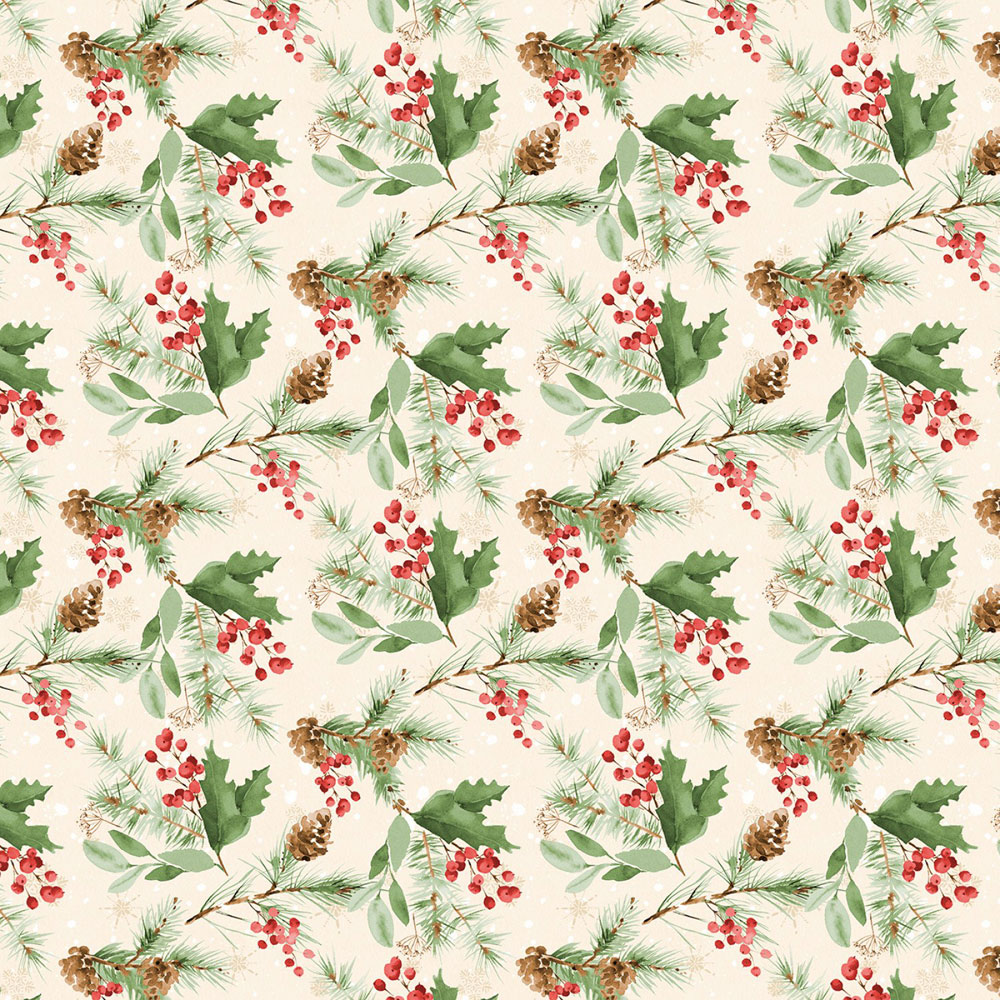 100% Cotton - Cardinal Celebration - 37758-273 - Cream Greenery Toss - Katrina Pete - 44 in wide