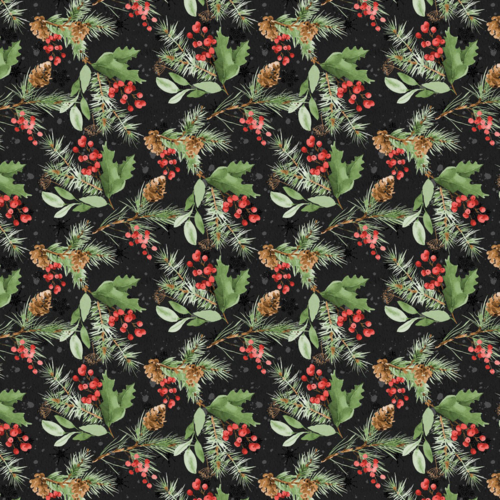 100% Cotton - Cardinal Celebration - 37758-973 - Black Greenery Toss- Katrina Pete - 44 in wide