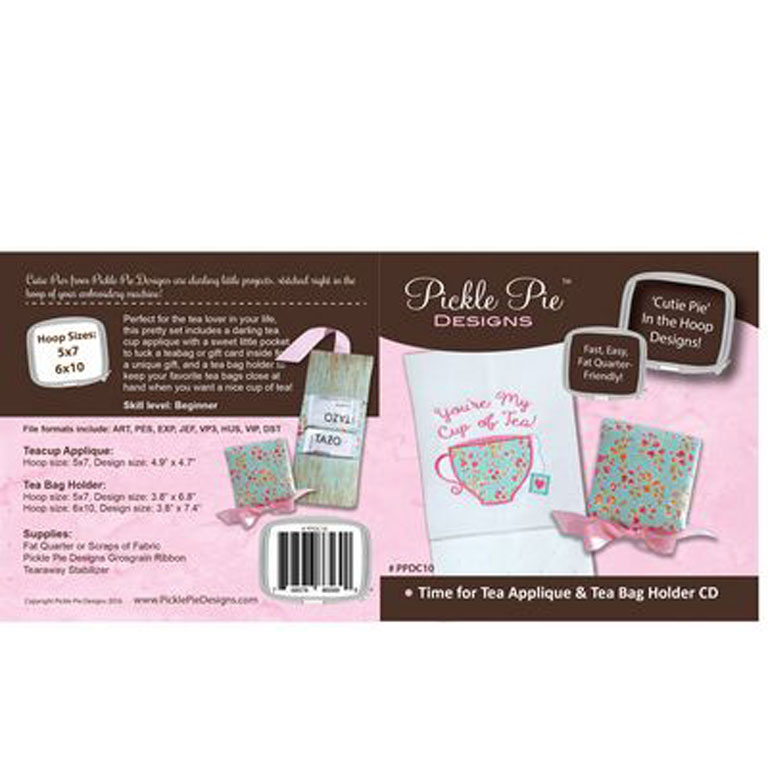 Pattern - Cutie Pie In the Hoop Designs CD - Time For Tea Appliques and Tea Bag Holder - Pickle Pie Designs