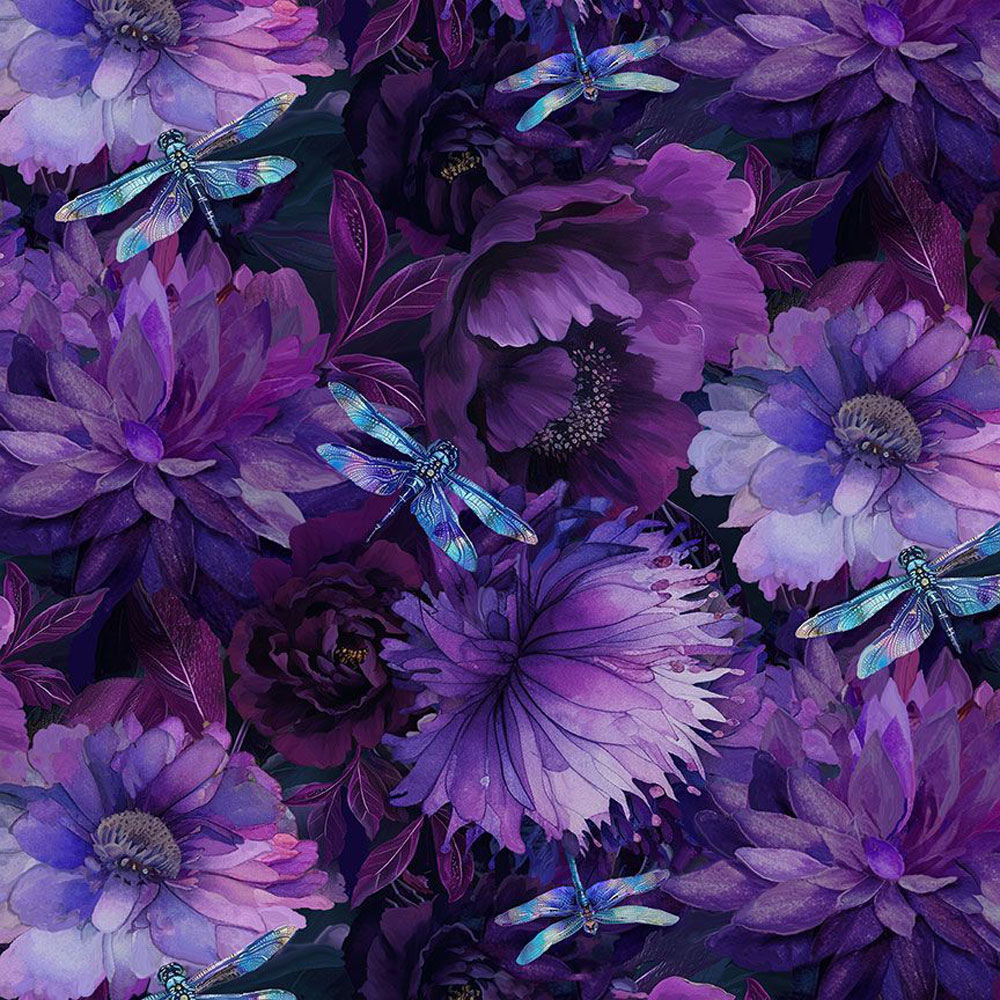 100% Cotton - Dragonfly Mist (Wide Floral with Dragonflies) - CD3892 - Purple - Timeless Treasures