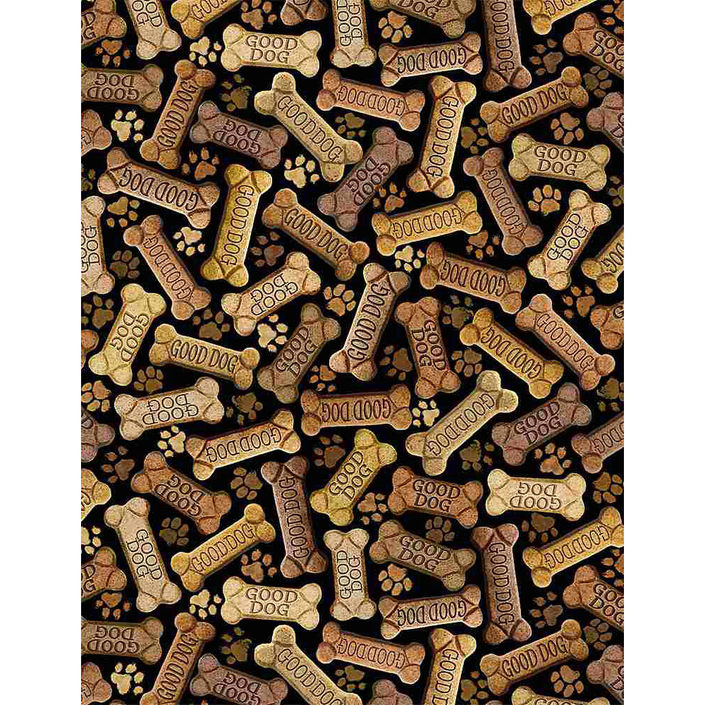 100% Cotton Digital - Dogs Rule (Happiness Has Paws Tossed Dog Bones) - CD8555 - Black - 44 in wide