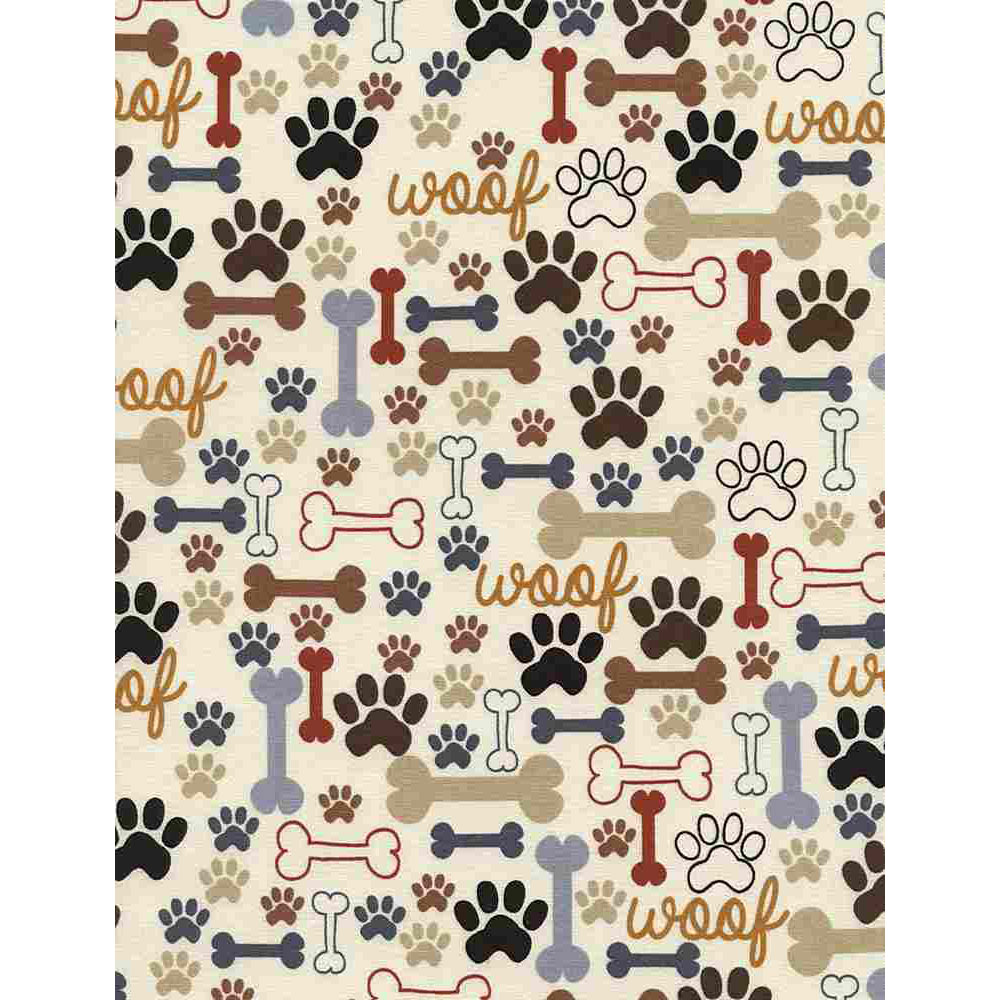 100% Cotton Digital - Dogs Rule (A Dog's Life Bones & Paws) - CD2372 - Cream - 44 in wide