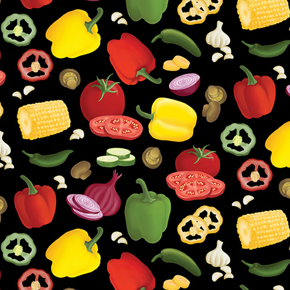 100% Cotton - Hot Stuff (Veggie Party) - 15090-12 - Black - Digitally Printed - Andi Metz - 44 in wide