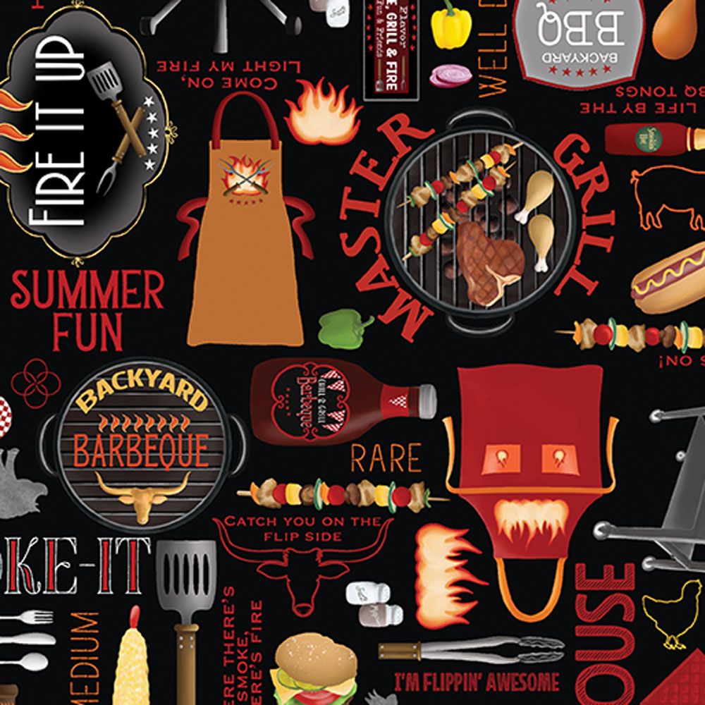 100% Cotton - Hot Stuff (Backyard) - 15091-12 - Black - Digitally Printed - Andi Metz - 44 in wide