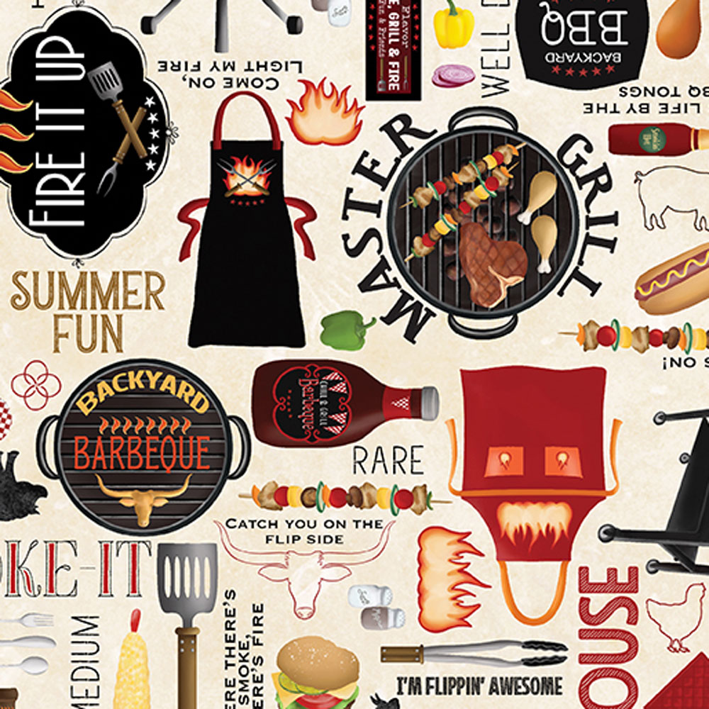 100% Cotton - Hot Stuff (Backyard BBQ) - 15091-70 - Ecru - Digitally Printed - Andi Metz - 44 in wide
