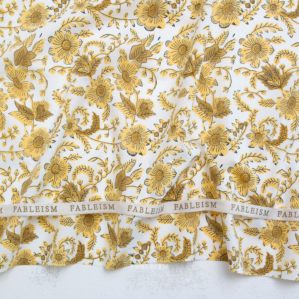 100% Cotton - Indian Block Prints (Country Floral) - FBBPCT-8C - Yellow - Fableism - 44in wide