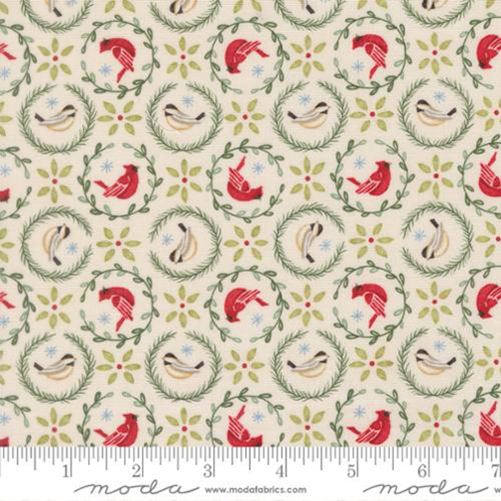 100% Cotton - When Snow Falls (Tiny Birds In Wreaths Novelty) - 56173-11- Snowy White - Deb Strain - 44 in wide