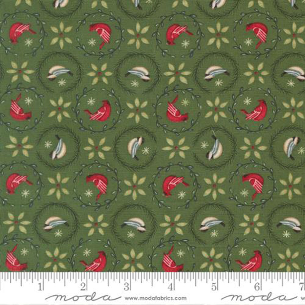 100% Cotton - When Snow Falls (Tiny Birds In Wreaths Novelty) - 56173-17 - Evergreen - Deb Strain - 44 in wide