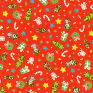 100% Cotton Fabric - Little Grinch (Tossed Christmas Motifs) - 23877-3 - Red - Dr. Seuss Enterprises