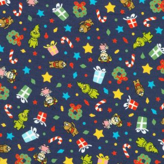 100% Cotton Fabric - Little Grinch (Tossed Christmas Motifs) - 23877-4 - Blue - Dr. Seuss Enterprises