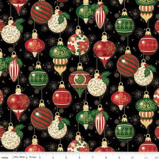 100% Cotton - Poinsettias at Christmas (Ornaments) - C17631 - Black Foil - Jennifer Bosworth - 44 In wide
