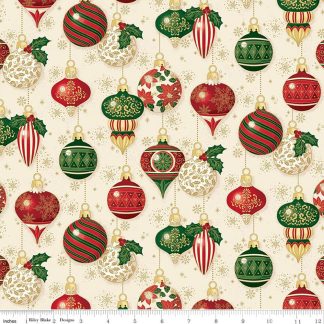 100% Cotton - Poinsettias at Christmas (Ornaments) - C17631 - Cream Foil - Jennifer Bosworth - 44 In wide