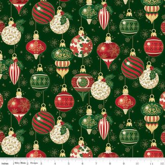 100% Cotton - Poinsettias at Christmas (Ornaments) - C17631 - Green Foil - Jennifer Bosworth - 44 In wide