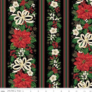 100% Cotton - Poinsettias at Christmas (Border Stripe) - C17637 - Black Foil - Jennifer Bosworth - 44 In wide