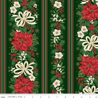 100% Cotton - Poinsettias at Christmas (Border Stripe) - C17637 - Green Foil - Jennifer Bosworth - 44 In wide