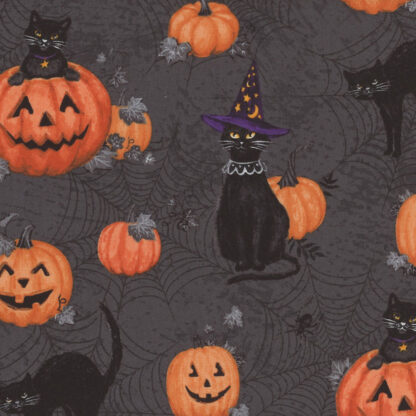 100% Cotton - Meow-Gical Night - 3008-96474-998 - Cats & Pumpkins All over Black - Michael Davis