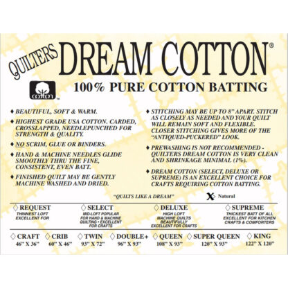 Batting - Packaged - (A) Craft - Quilters Dream Cotton - #8 Supreme - Natural